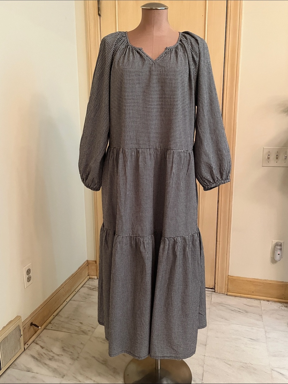 WORLD MARKET Cottage 100% Cotton 3/4 SLV Black & White Gingham Tiered Maxi L/XL
